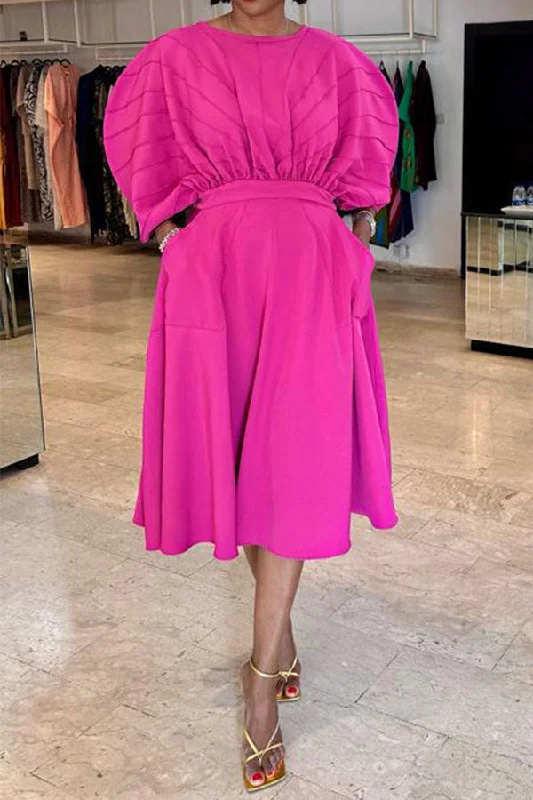 Solid Color Puff Sleeve Modern A-Line Midi Dress