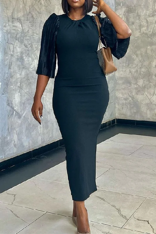 Solid Color Round Neck Commuting Midi Dress