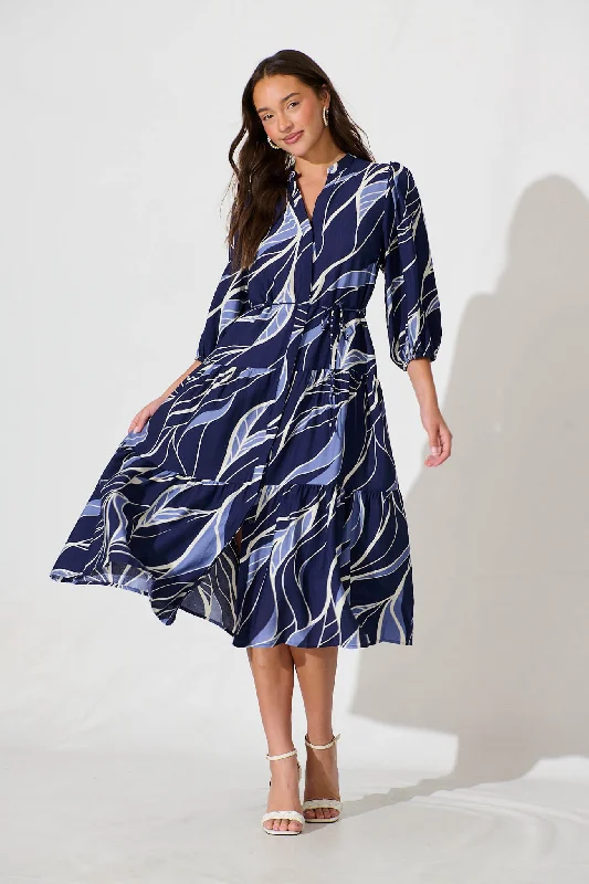 Vinnie Midi Dress In Navy And Blue Leaf Cotton Blend