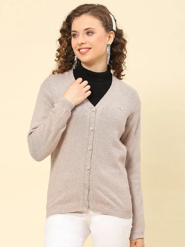 Women Grey Solid V Neck Full Sleeve Cardigans